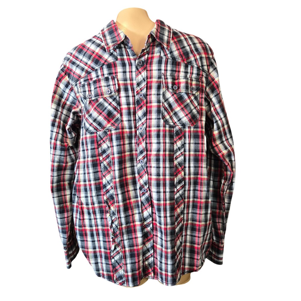Red Snap Mens Plaid Long Sleeve Button‎ Shirt Red Black White XL Cotton Western